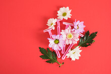 Chrysanthemum Flowers And Female Safety Razor On Red Background
