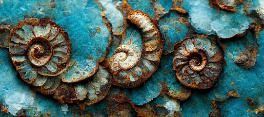 Poster - Elaborate and unique calcified ammonite sea shell spirals embedded into rock. Prehistoric fossilized beauty of an ancient past with colorful iridescent texture and surface patterns art.