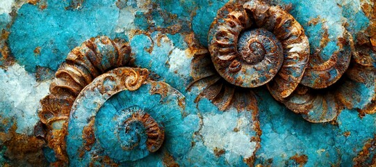 Canvas Print - Elaborate and unique calcified ammonite sea shell spirals embedded into rock. Prehistoric fossilized beauty of an ancient past with colorful iridescent texture and surface patterns art.