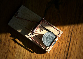 2 swiss franc coin with wooden mousetrap