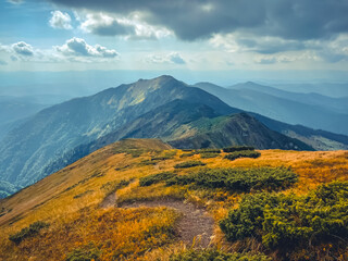 Wall Mural - hiking tourist trail in high mountains under blue sky. wonderful autumn highland landscape with oran