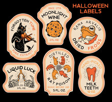 Halloween Bottle Labels And Potion Labels. Vector Illustration.