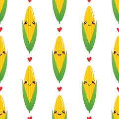 Wall Mural - Cute cartoon style corn characters and red hearts vector seamless pattern background.
