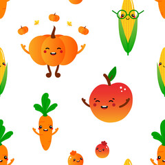Wall Mural - Vector seamless pattern background with funny and cute pumpkin, carrot, apple, corn, berries characters for food design.
