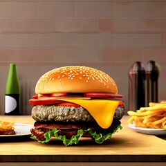 Canvas Print - 3D rendering of a cheeseburger on a table with fries in the background