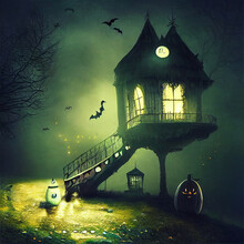 Spooky Halloween Night  House  , Digital Art