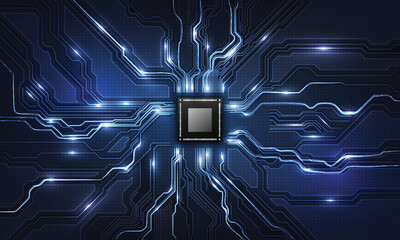 Poster - abstract technology chip processor background circuit board and html code,3d illustration blue techn