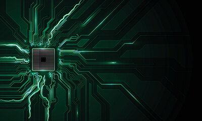 Fototapete - Abstract technology chip processor background circuit board and html code,3D illustration blue technology background vector.