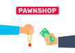 pawnshop concept hands holding money and golden jewellery chain with pendant vector illustration