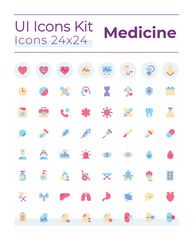 Sticker - Medicine related flat color ui icons set. Healthcare. Hospital and clinic. Medical procedures. GUI, UX design for mobile app. Vector isolated RGB pictograms. Montserrat Bold, Light fonts used