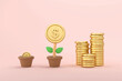 © AITTHIPHONG - 3d money tree with golden coin flower in pot on orange background. Business profit investment, finance education, earning income, business development concept. 3d rendering