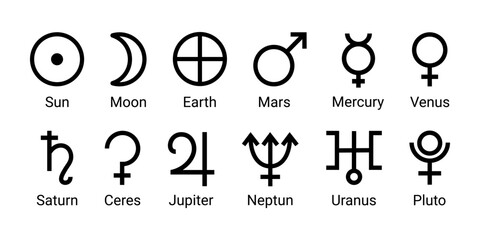 set astrology and astronomy planet symbols. outline icons, isolated on white background. simple alch