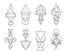 Set Of Sacred Geometry Linear Shapes. Magical And Mystical Ornaments, Decorative Elements, Doodle Outline Esoteric Signs Symbols For Tattoo, Mehendi And Printing. Abstract Mysterious Shapes Collection