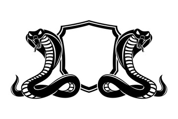 Poster - Two cobra snakes and a shield on a white background.