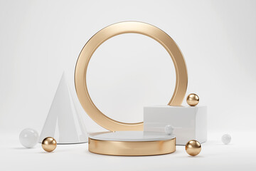 3d rendering luxury white pedestal and gold modern geometry element on white background for product showcase display