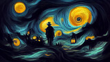 Fototapeta  - spooky halloween background  in style of van Gogh, digital art