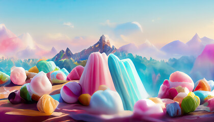 Wall Mural - Colorful pastell candy landscape as fantasy background