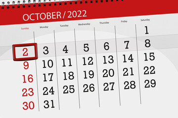 Calendar 2022, deadline, day, month, page, organizer, date, october, sunday, number 2