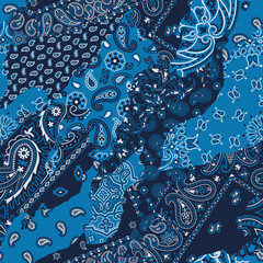 Poster - Blue paisley bandana fabric patchwork abstract vector seamless pattern