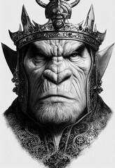 Vertical grayscale view of a crowned Goblin - The portrait of a fictional humanoid monster