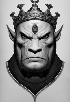 Vertical grayscale view of a crowned Goblin - The portrait of a fictional humanoid monster