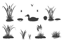 Silhouette Elements Of Swamp Grass With Reeds And Duck. Set Of Vector Illustrations Of Black Shadows Of Lake And River Vegetation.