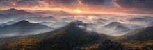 Sunrise In The Mountains, Beautiful Landscape. Morning Fog Flows Down The Slopes Of The Mountains. Panorama Of Mountain Peaks And Ridges. 3d Illustration