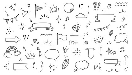 Aufkleber - Line frame, sparkle, ribbon hand drawn doodle element set. Party, decoration star, heart element doodle sketch collection. Isolated vector illustration.