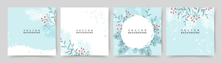 Wall Mural - Winter blue square backgrounds. Сute banner with  christmas tree, red berries and snow texture. Editable vector template 
for greeting card, invitation, social media post, poster, mobile apps, web ads