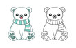 Cute chibi snow polar bear wearing a scarf outline and colored doodle cartoon illustration set. Winter Christmas theme coloring book page activity for kids and adults.