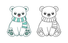 Cute Chibi Snow Polar Bear Wearing A Scarf Outline And Colored Doodle Cartoon Illustration Set. Winter Christmas Theme Coloring Book Page Activity For Kids And Adults.