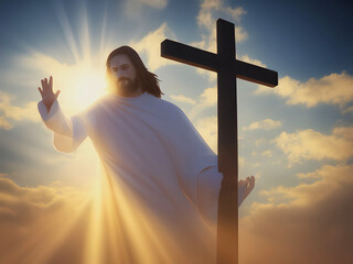 computer illustration of jesus christ is resurrected and walking in heaven holding cross and greetings people in distance, sunshine and god light in background