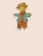 Cute Drawing Of Autumn Scarecrow With Bird And Pumpkin For Halloween Or Thanksgiving Day