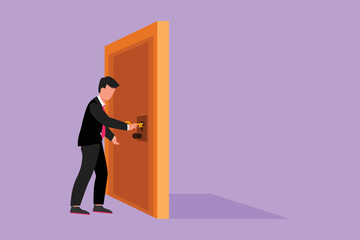 Wall Mural - Graphic flat design drawing businessman inserts key into keyhole which is on the door. Male manager open office room door with key. Success business metaphor concept. Cartoon style vector illustration