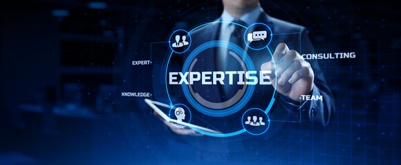 Expertise business consulting concept. Businessman pressing button on screen.