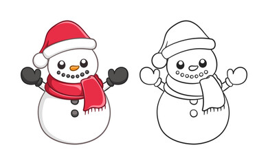 Wall Mural - Cute snow man wearing a Santa hat and scarf outline and colored doodle cartoon illustration set. Winter Christmas theme coloring book page activity for kids and adults.