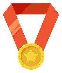 Poster - Golden medal on red ribbon. Champion award. Winner symbol