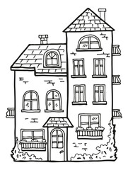 Sticker - Cute house facade with tiled roof and chimney doodle