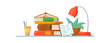 Stack books on table. Cartoon pile textbooks, stacks book with lamp and flower, png