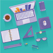 © Oxana Kopyrina - laptop, coffee, and various office supplies lie on the same turquoise table, flat, isolated object, vector illustration, set,