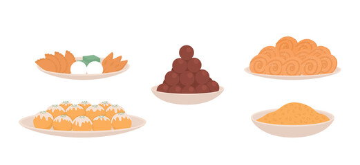 Poster - Traditional Diwali snacks semi flat color vector objects set. Editable elements. Full sized items on white. Simple cartoon style illustrations collection for web graphic design and animation