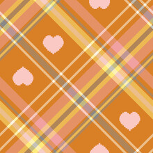 Check Plaid Seamless Pixel Pattern With Hearts.