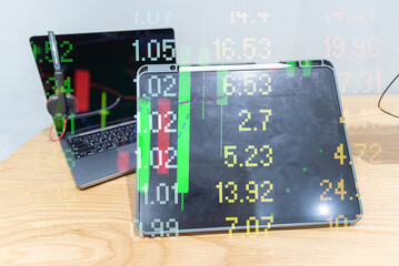 Wall Mural - Financial data in term of a digital prices on LED display. A number of daily market price and quotation of prices chart to represent candle stick tracking in Forex trading.