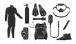 Scuba diving equipment set of black silhouettes vector illustration isolated.