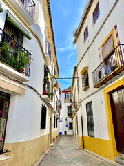 narrow and pretty street with white houses and beautiful balconies in Cordoba, Andalusia, Spain. High quality photo