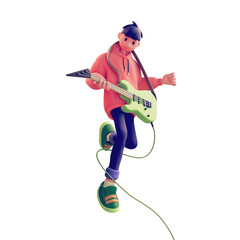 Cute funny asian music lover in red hoodie, blue jeans, green sneakers plays guitar solo jumps up in air floats in space have fun joy. Lessons at school education. 3d render isolated on white backdrop