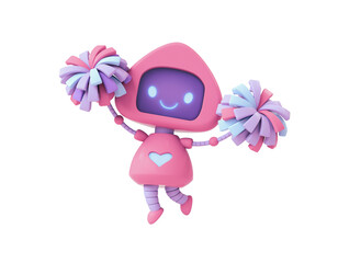 Friendly positive pink robot girl with blue smiling face on purple screen jump in air holds colorful pompoms triumph. Robotic happy toy eyes heart. 3d render in pastel color isolated on white backdrop