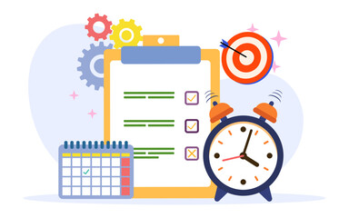 Time management with clock, checklist and target. Time organization efficiency concept. vector illustration.