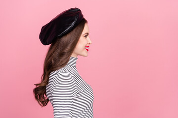 Sticker - Profile side view portrait of attractive cheerful girl wearing nice look clothes copy space isolated over pink pastel color background