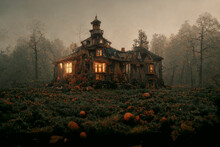 Sinister Spooky Mansion In The Edge Of Mystical Forest 3D Art Illustration. Creepy Witch House Of Ghost Village Halloween Horror Movie Mysterious Background. AI Neural Network Generated Art Wallpaper